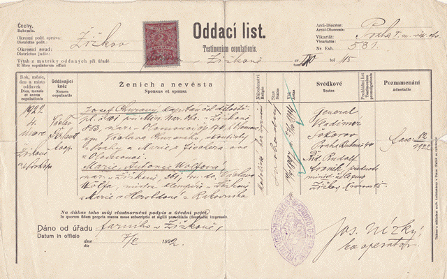 תעודת נישואין צ'כית מ-1922