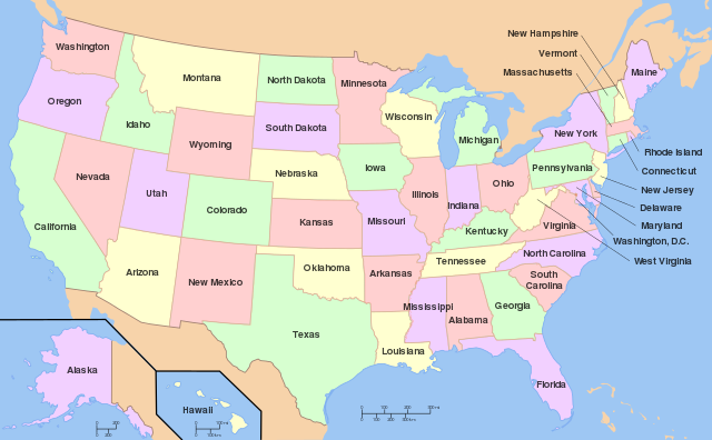 מפה של ארצות הברית מחולקת לפי המדינות השונות שמרכיבות את הפדרציה