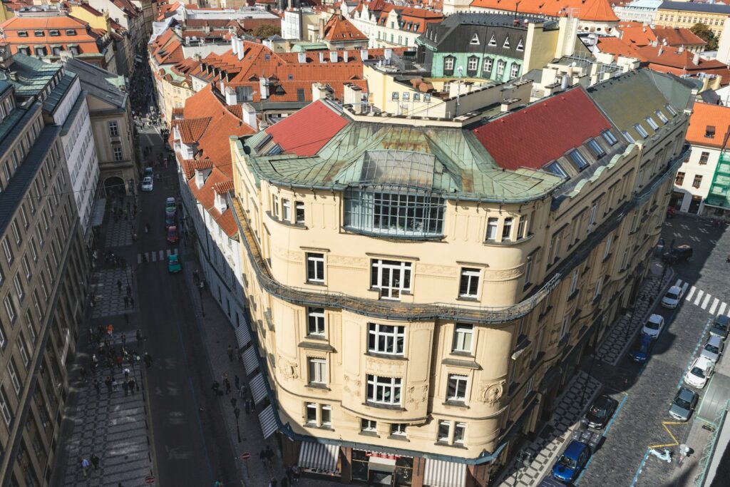 an aerial view of a building in a city